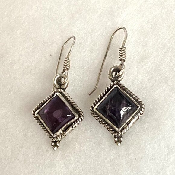 Sterling Silver 925 Bezel Set Diamond Shaped Amethyst Cabochon Dangle Earrings - Picture 12 of 16